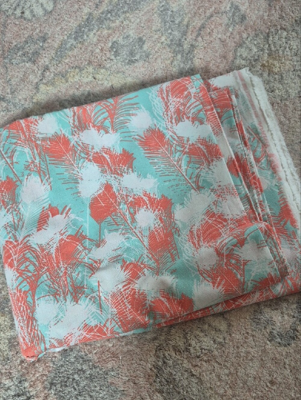 Aqua, Coral, And White Feather Print Cotton Fabric